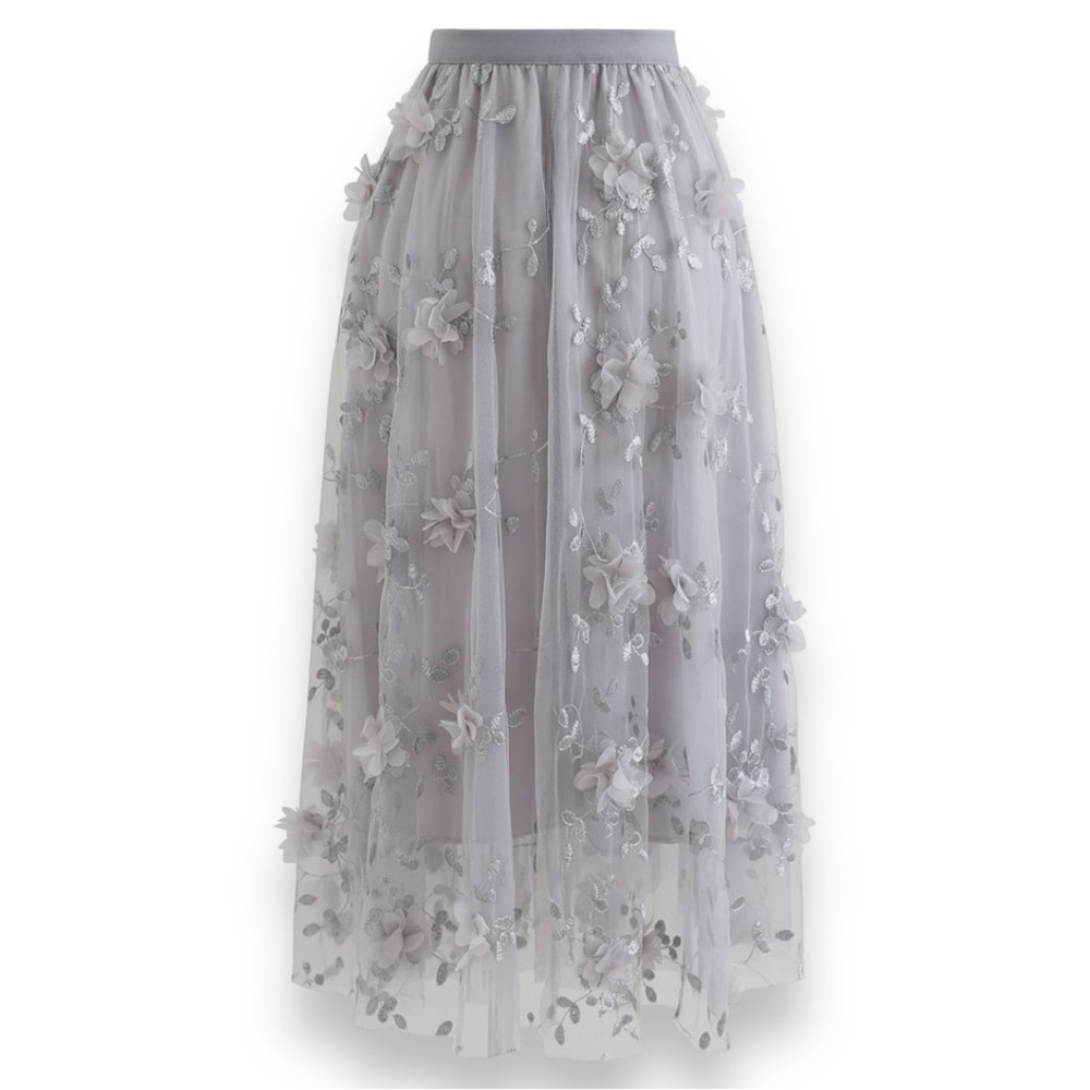 Luxe 3D Mesh Flower Embroidered Tulle Midi Skirt In Grey Large - Picture 2 of 4